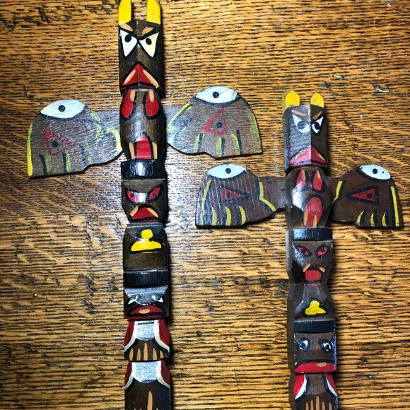 Vintage Carved Wood Native American Totem Pole Lot of 2 - Picture 1 of 8